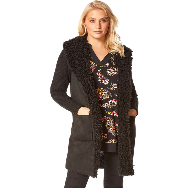 Longline Faux Shearling Knit Coatigan - Black - Size 18 - Roman