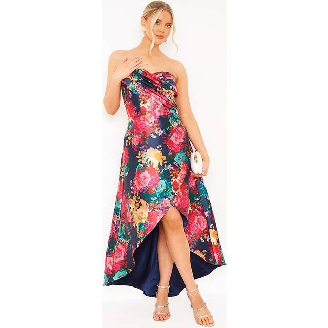 Petite Bandeau Sweetheart Floral Wrap Detail Dip Hem Dress in Navy - 10