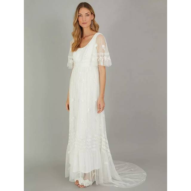 Monsoon Julita Embroidered Lace Trim Wedding Dress, Ivory
