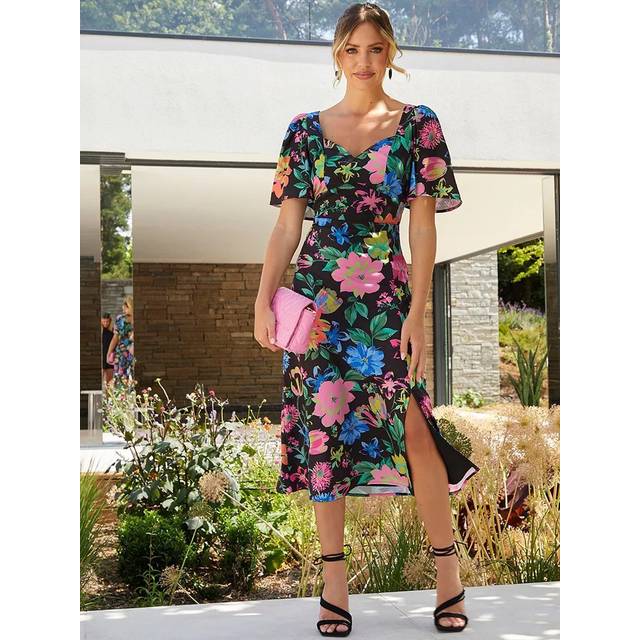 Short Sleeve Floral Midi Dress in Black - 8