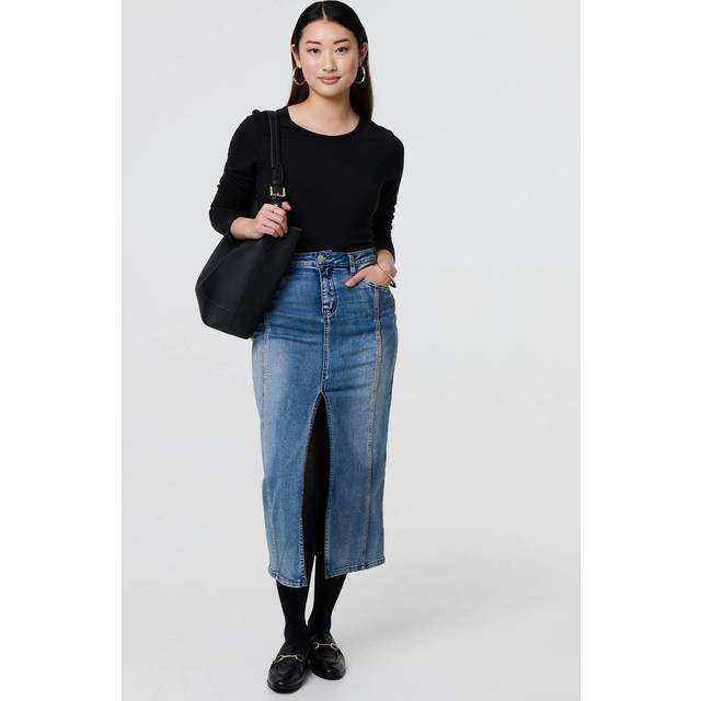 Washed Split Hem Knee Length Skirt - Blue - Size 14 - Izabel London