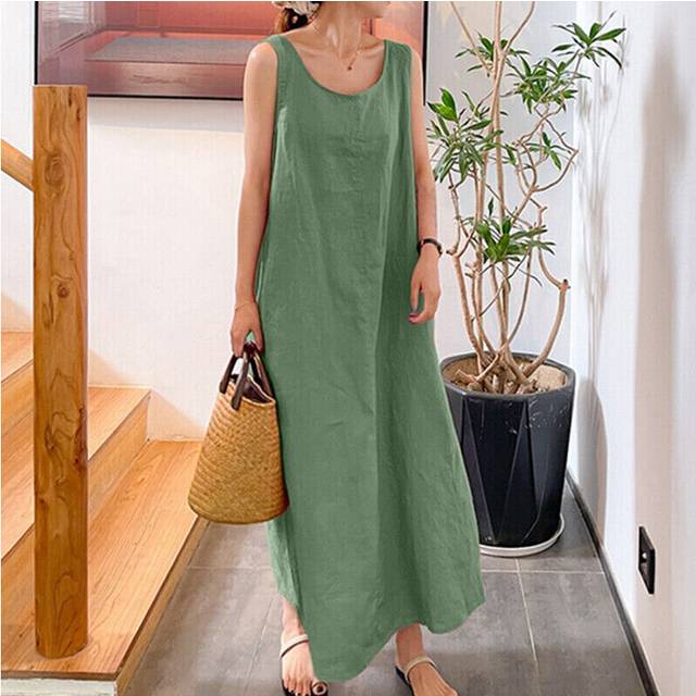 (Green, Tag Size 4XL=UK Size 22) Womens Plain Cotton Linen Sleeveless Dress Ladies Casual Crew Neck Maxi Sundress