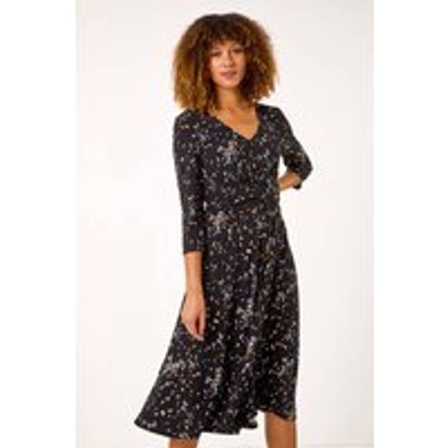 Roman Black Confetti Print Twist Midi Dress - Size 18
