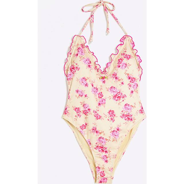 River Island Womens Petite Yellow Floral Halterneck Swimsuit - 16
