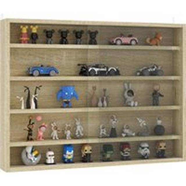 Homcom 5-tier Wall Display Shelf Unit Cabinet W/ 4 Adjustable Shelves Glass Doors Home Office Ornaments 60x80cm Oak