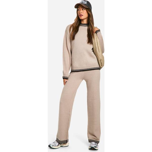 Womens Tall Contrast Trim Jumper And Wide Leg Trouser Knitted Co-Ord - Beige - S, Beige