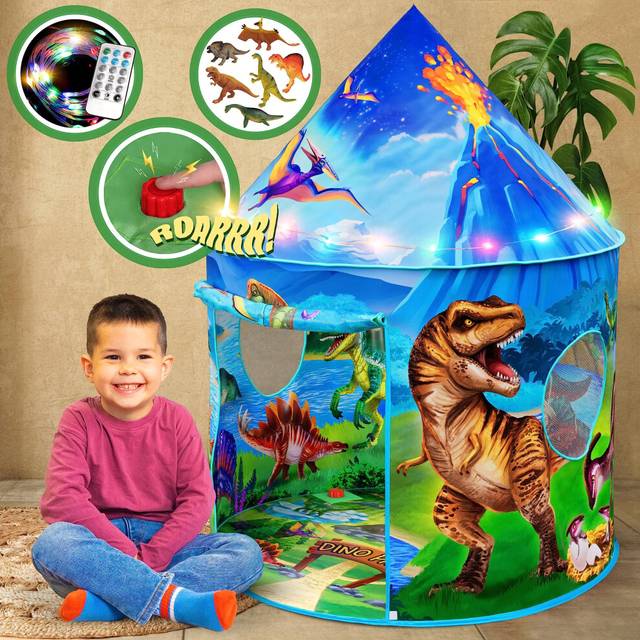 W&O Dino Paradise Play Tent with Roar Button, Dinosaur Toys and LED Lights - Epic Pop Up Tent for Boys & Girls - Perfect for Indoor & Outdoor Adventur