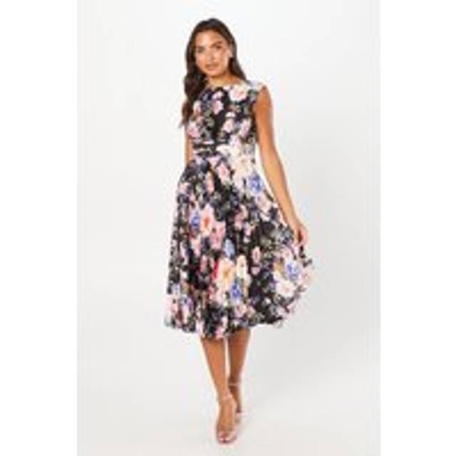 Printed Pleated Satin Midi Wedding Guest Dress - Black - 8