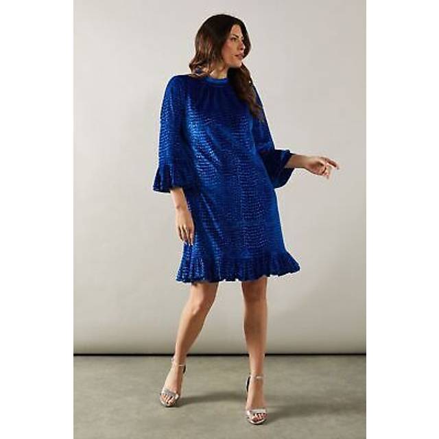 Womens Velvet Detail High Neck Shift Dress - Blue - 16