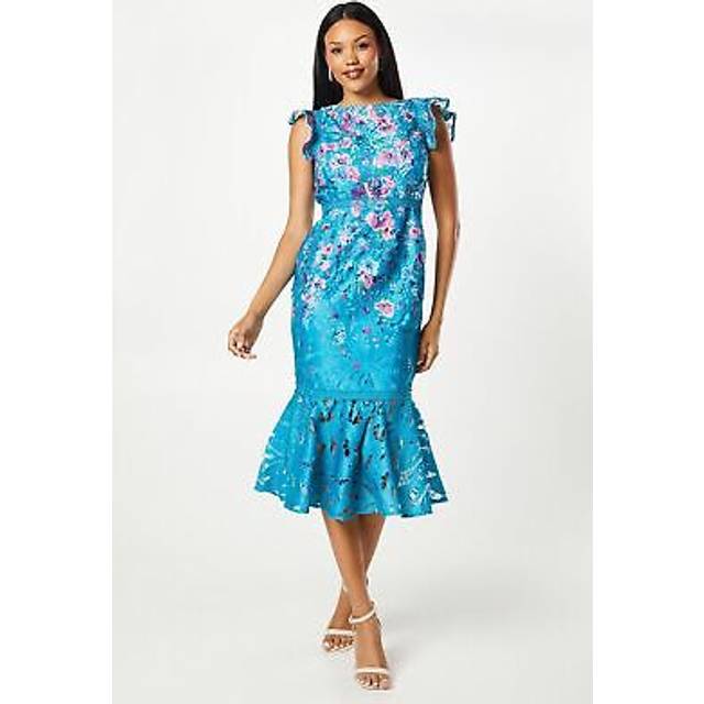 Placement Print Lace Flute Hem Dress - Blue - 10