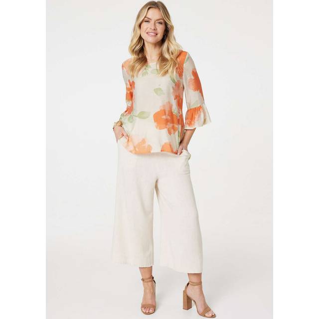 Floral Flute Sleeve High Low Blouse - Orange - Size 18 - Izabel London