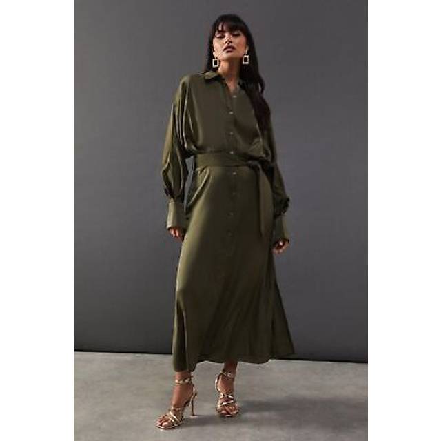 Warehouse Womens Satin Batwing Split Side Midi Shirt Dress - Olive - Size 14 UK