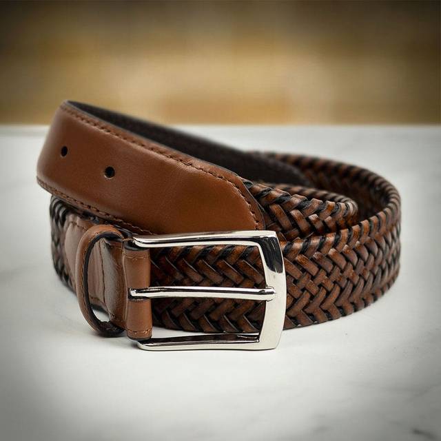 Dents Stretch Plaited Leather Belt - Tan - Medium - can be Engraved or Personalised