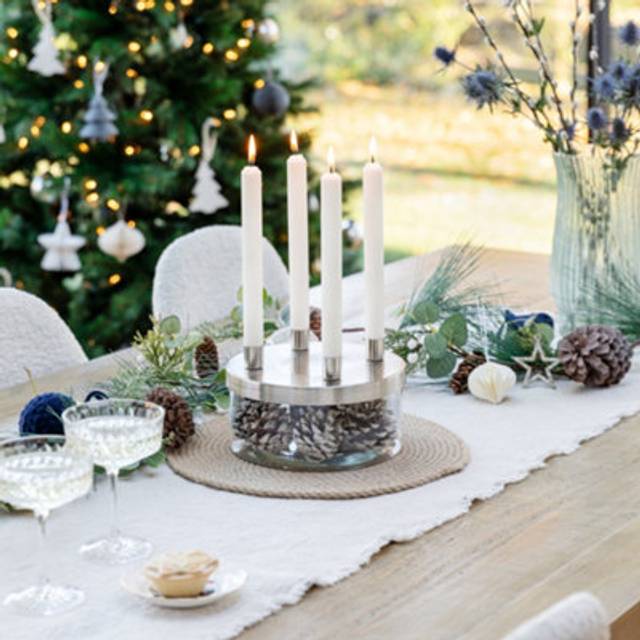 Metal Candlestick Holder with Glass Bowl - Silver