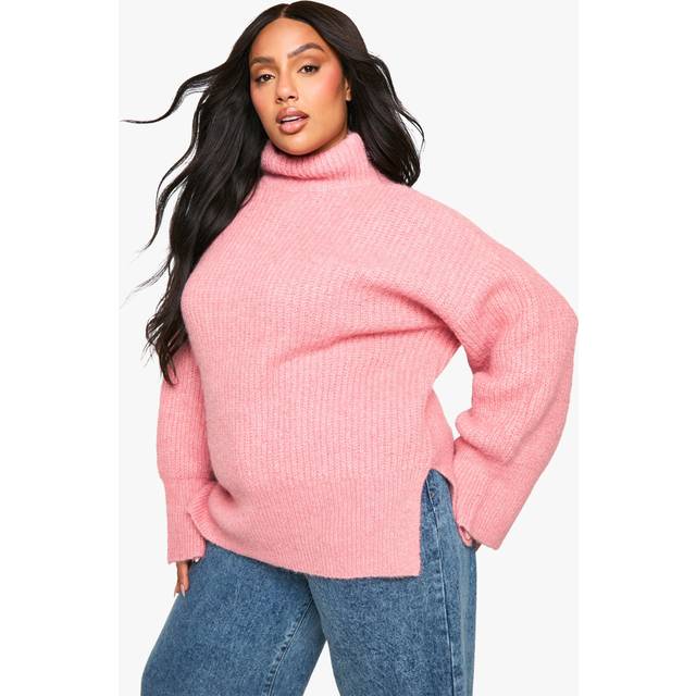 Womens Plus Oversized High Neck Knitted Jumper - Pink - 18, Pink