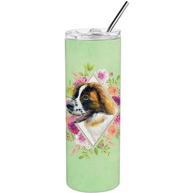 Caroline's Treasures Saint Bernard #2 Green Flowers Double Walled Stainless Steel 20 oz Skinny travel-insulated-tumblers  Multicolor