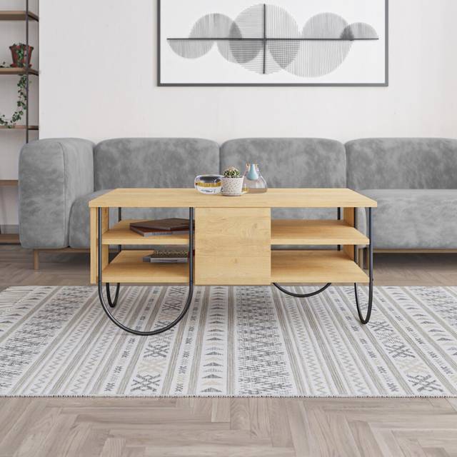 Fwstyle - Coffee Table 3 Tier Natural Oak Black Metal Frame Scratch Resistant