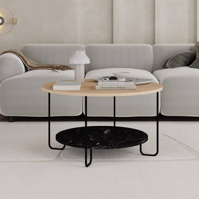 Fwstyle 2 tier coffee table metal frame scratch resistant oak & black marble