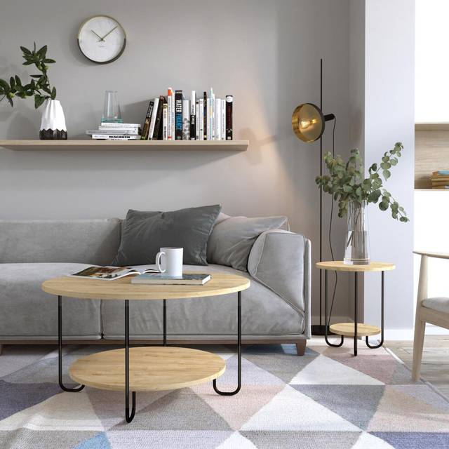 Fwstyle scratch resistant 2 tier coffee table natural oak black metal frame