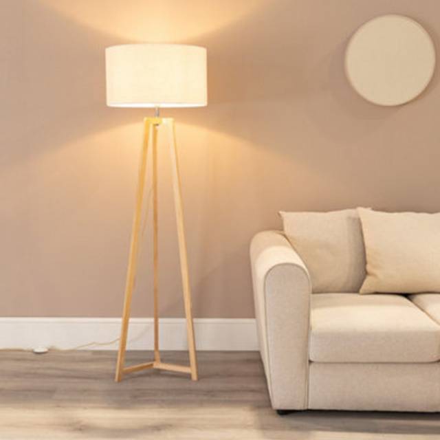 Lottie Natural Wood Tripod Floor Lamp with Linen White Trim Shade & LED Bulb - One Size