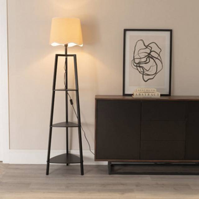 ValueLights Hiru White Trim Scallop Shade 3 Tier Black Wood Floor Lamp