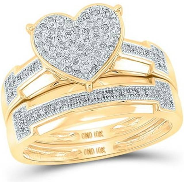 GND 115152 0.5 CTW 10KT Yellow Gold His & Hers Round Diamond Heart Cluster Matching Bridal Wedding Ring Band Set, Size 7