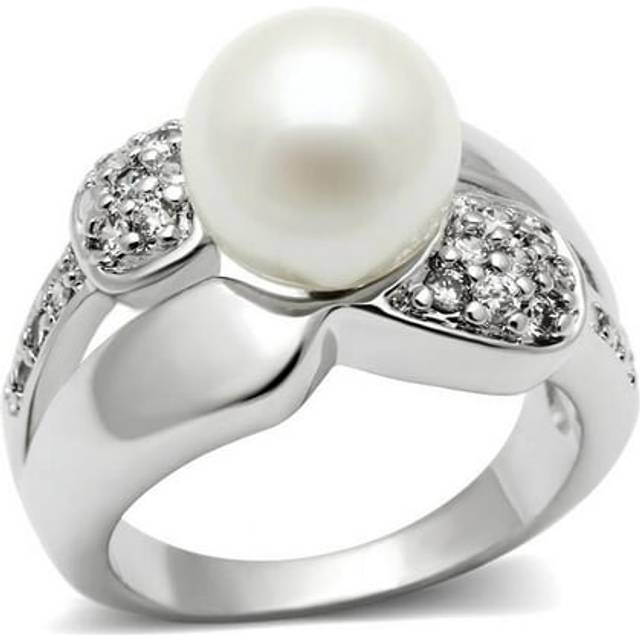 Alamode 3W182-7 Women Rhodium Brass Ring with Synthetic in White - Size 7