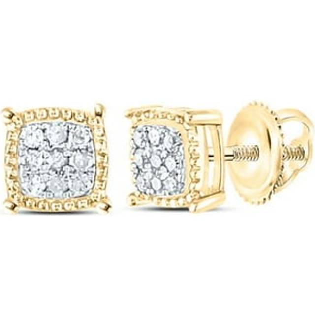 GND 114044 0.1 CTW 10KT Yellow Gold Mens Round Diamond Square Milgrain Cluster Earrings