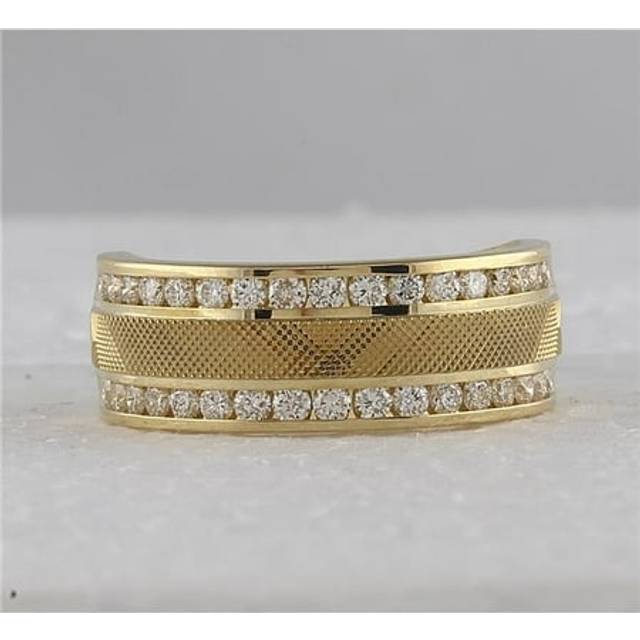 GND 113375 1.00 CTW 14KT Yellow Gold Mens Round Diamond Double Row Textured Wedding Band Ring, Size 10
