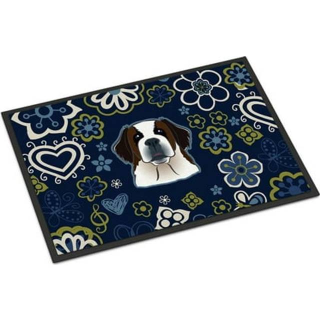 """""Caroline's Treasures BB5097MAT Blue Flowers Saint Bernard Indoor or Outdoor Mat 18x27 doormats  Multicolor"""""