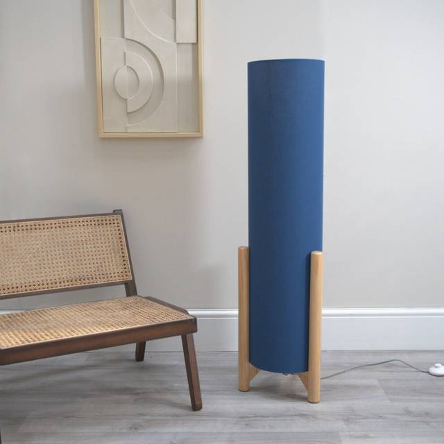 ValueLights Henry Tall Navy Fabric Shade Wooden Base Midi LED Floor Lamp - Blue - 110 x 31 x 31cm