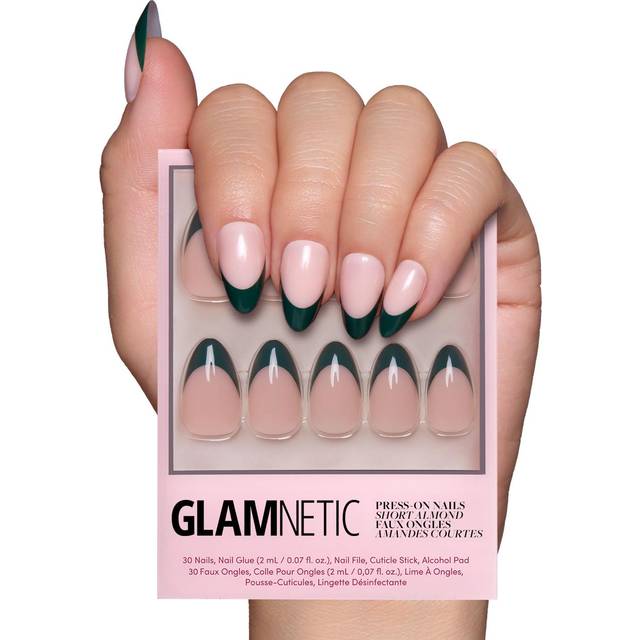 Glamnetic Press On Nails - Chteau | Semi-Transparent Dark Forest Green French Tip Short Almond False Nails  Reusable Stick On Fake Nails with Glue | S