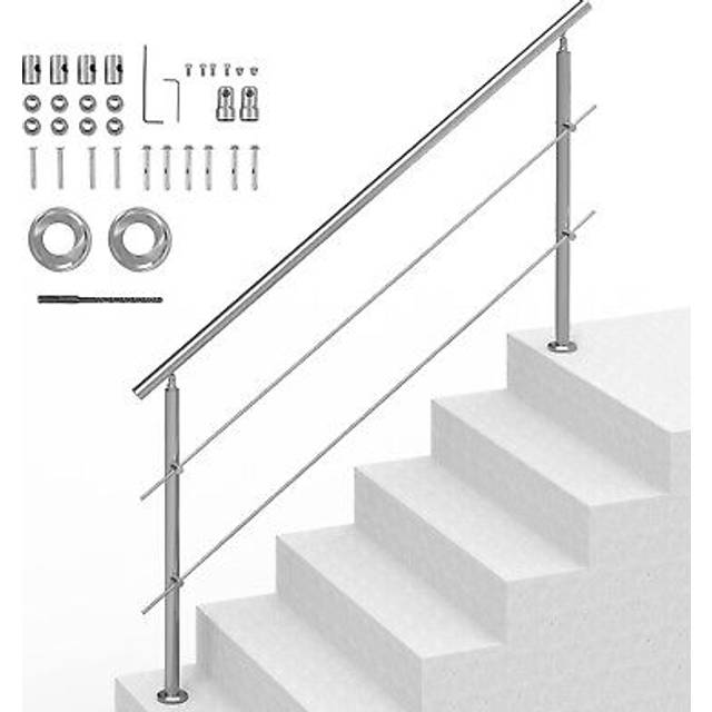 Handrails for Outdoor Steps, 70.9in Length 2 Crossbars Stair Hand Rail Kit, Transitional Stainless Steel Railings w/ Installation Kit, Double-column