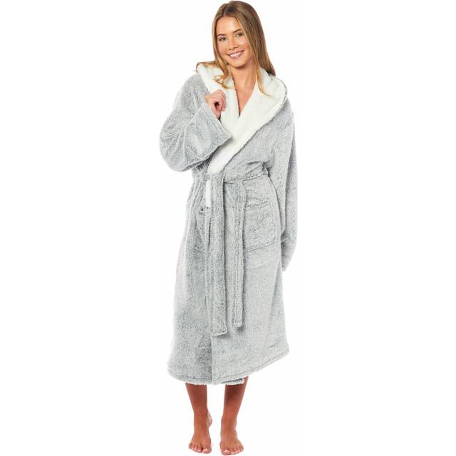 Women's Soft Plush Shimmer Fleece Hooded Bath Robe Luxurious Dressing Gown for Lounging and Sleeping in Shimmer Grey Multiple Sizes by Daisy Dreamer, XLARGE
