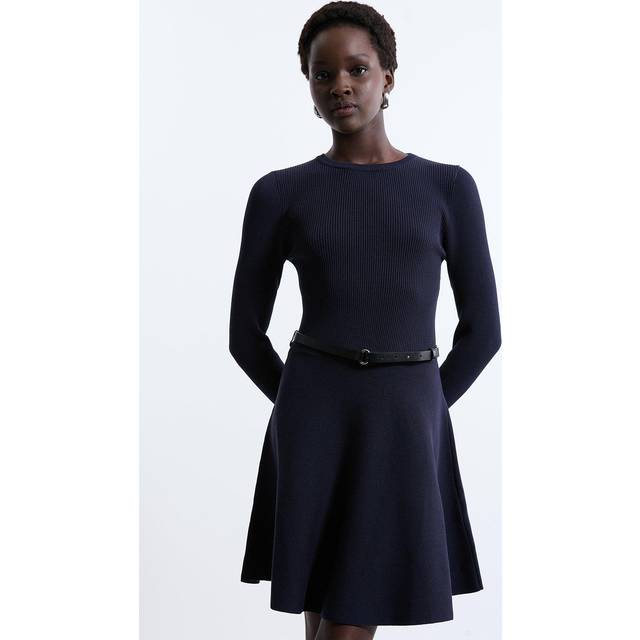Viscose Blend Crew Neck Knitted Skater Dress - Navy