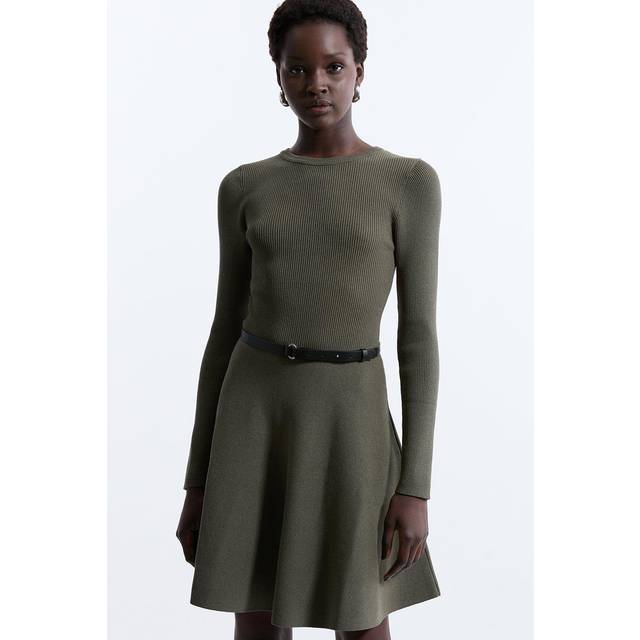 Viscose Blend Crew Neck Knitted Skater Dress - Khaki/Green