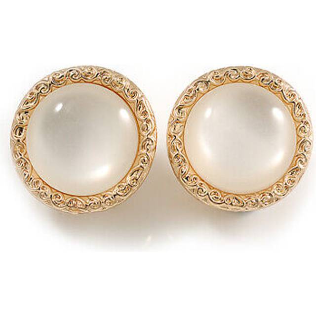 20mm d/ button shaped milky white resin bead clip on earrings in gold tone