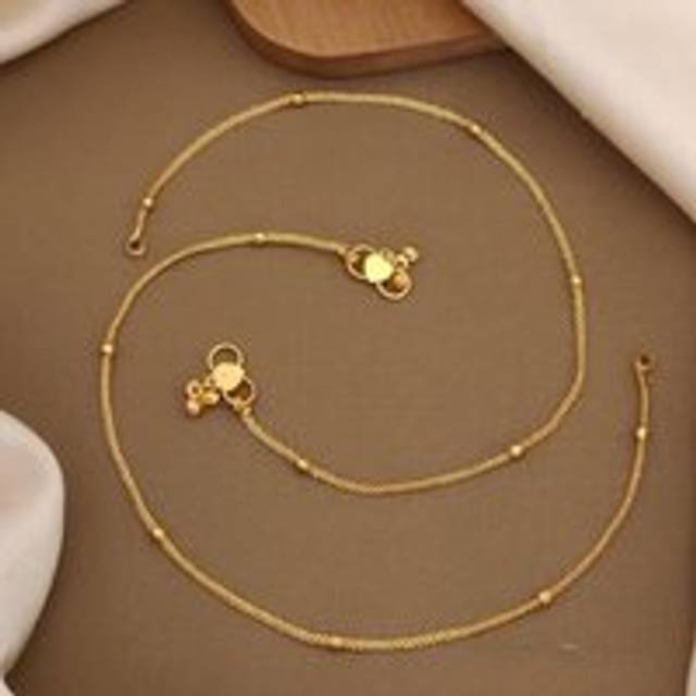 Golden Brass Beaded Round Ball Minimalist Boho Slim Foot Payal Anklet - 10 inches