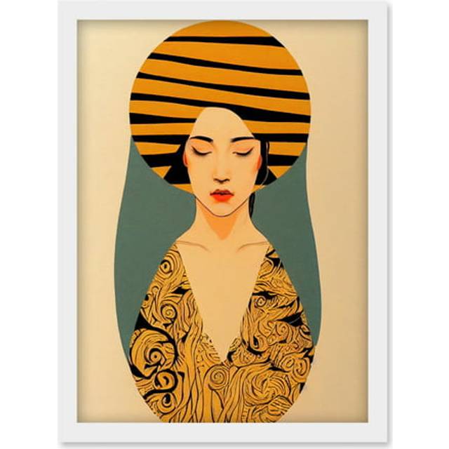 Retro Woman Mid Century Bohemian Yellow Art Nouveau Artwork Framed Wall Art Print A4 - White - One Size
