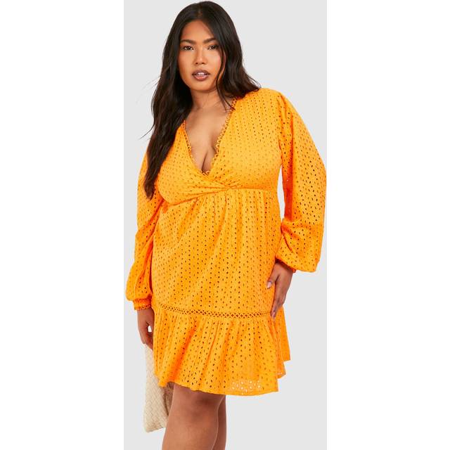 Womens Plus Woven Broderie V Neck Long Sleeve Smock Dress - Orange - 16, Orange