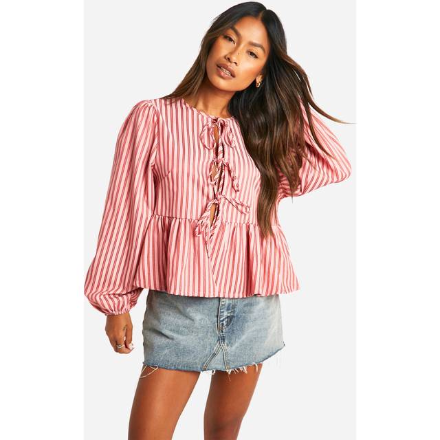 Womens Pink And Red Stripe Tie Front Puff Long Sleeve Smock Top - 12