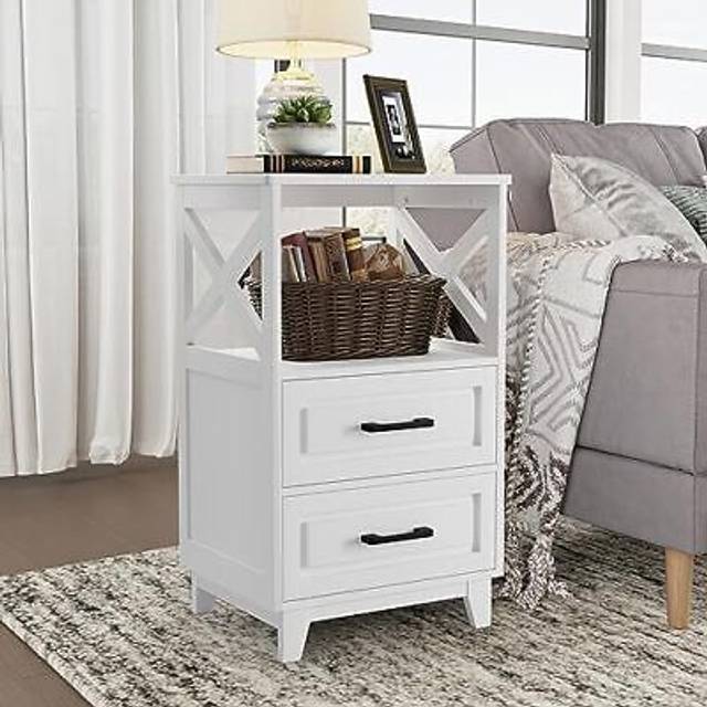 "Fansafurn White Farmhouse Nightstand Wooden Rustic End Table Side Cabinet for Bedroom  Living Room  13"""" D x 18"""" W x 28"""" H(Set of 1)"