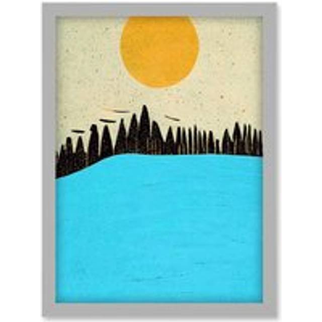 Modern Boho Abstract Sea And Cliffs Large Yellow Summer Sun Artwork Framed Wall Art Print A4 - Grey - One Size