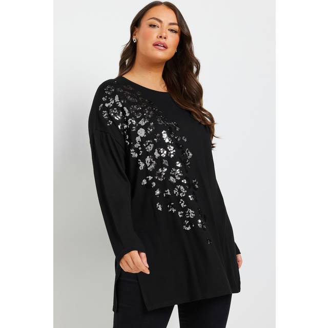 Yours Curve Black Sequin Leopard Print Long Sleeve Top, Women's Curve & Plus Size, Yours - 30-32