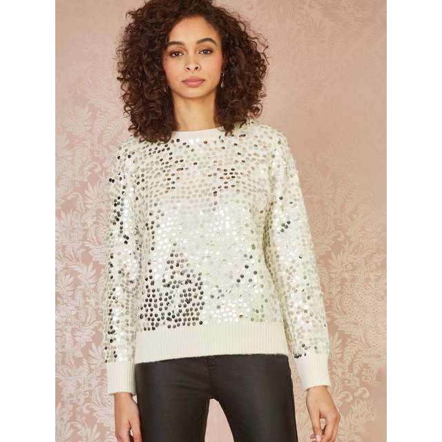 Ivory All Over Sequin Relaxed Fit Jumper - L