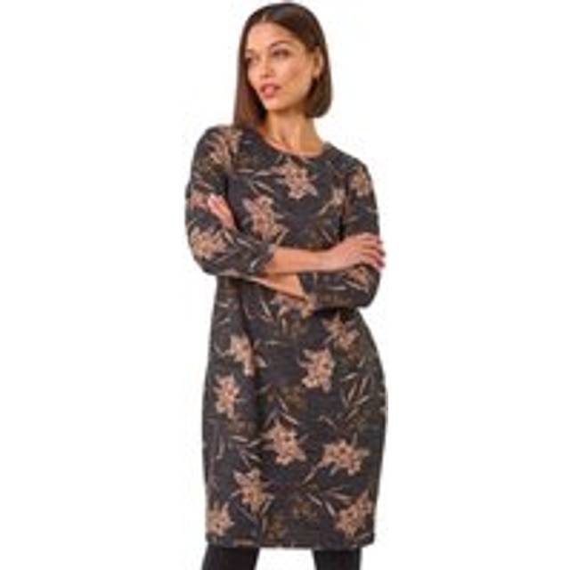 Floral Print Pocket Shift Stretch Dress - Dark Grey - 14
