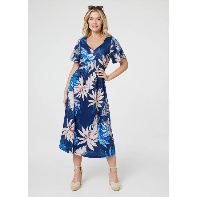 Leaf Print Empire Waist Midi Dress - Blue - Size 10 - Izabel London