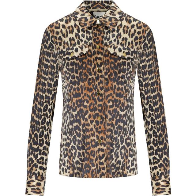 Ganni Printed Satin Shirt Leopard 34 (34)