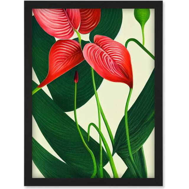 Laceleaf Flower Floral Tropical Leaf Pink Anthurium Painting Artwork Framed Wall Art Print A4 - Black - One Size