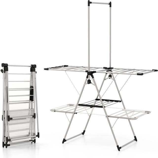2-Tier Foldable Laundry Drying Rack with Tall Hanging Bar